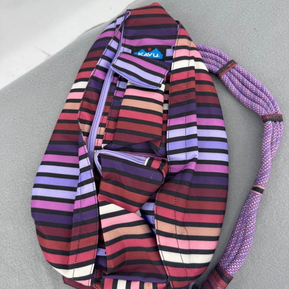 KAVU Rope Sling Bag Purple Pink Multicolor Stripe Crossbody Backpack